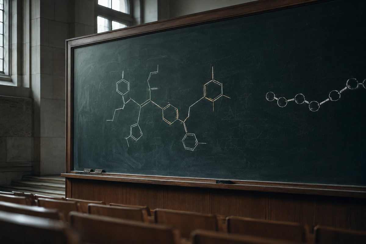 A lecture hall chalkboard filled with a small-molecule diagram, a peptide chain squeezed in at the far right edge.