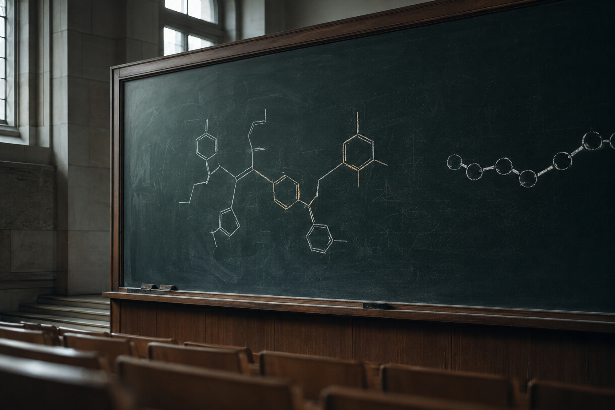A lecture hall chalkboard filled with a small-molecule diagram, a peptide chain squeezed in at the far right edge.
