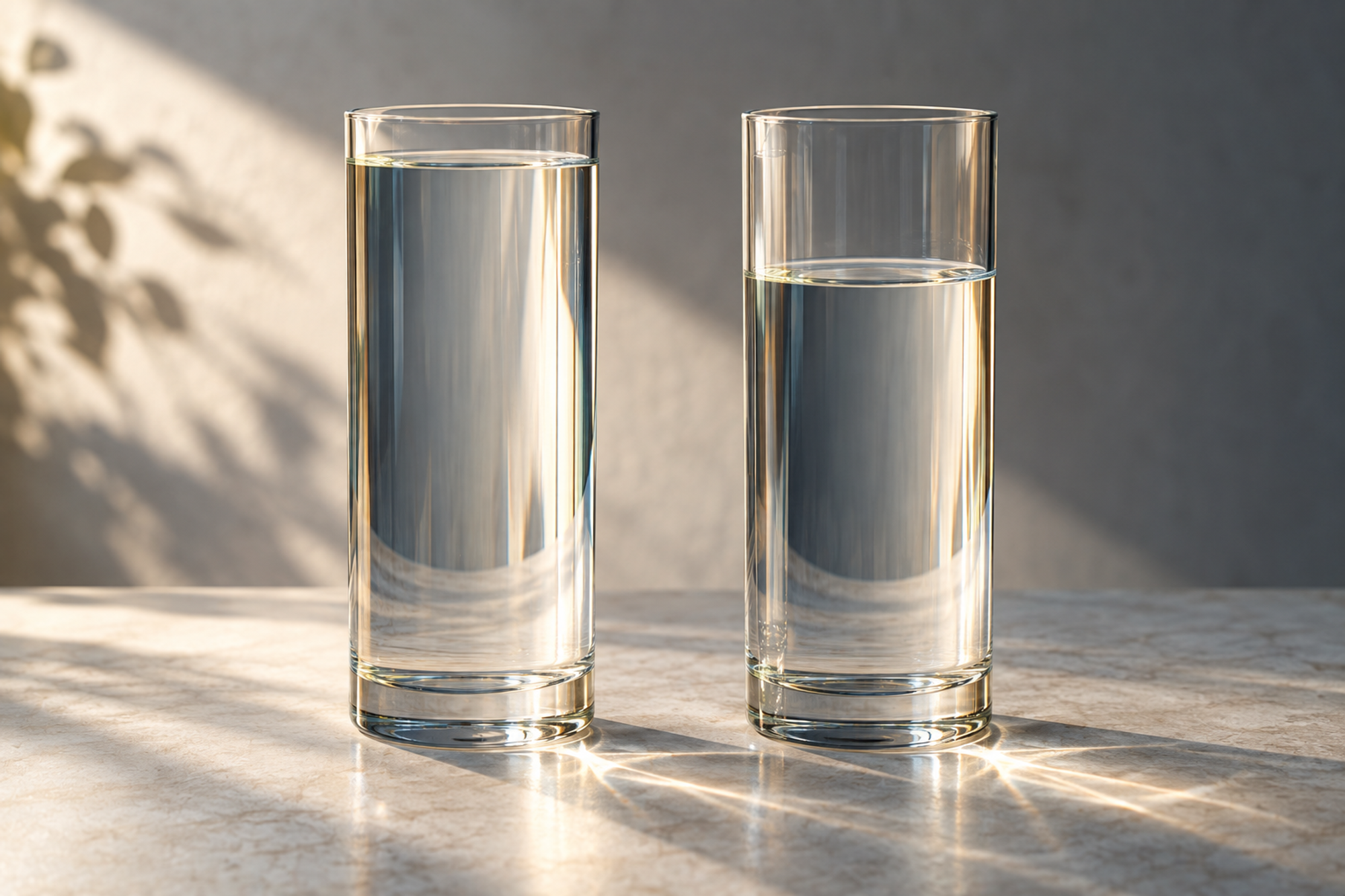 Two identical glass cylinders side by side, one nearly full and the other filled only part way