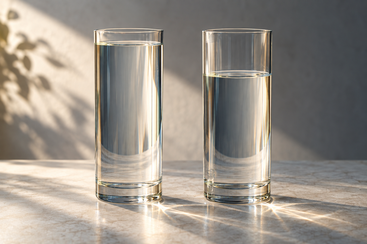 Two identical glass cylinders side by side, one nearly full and the other filled only part way