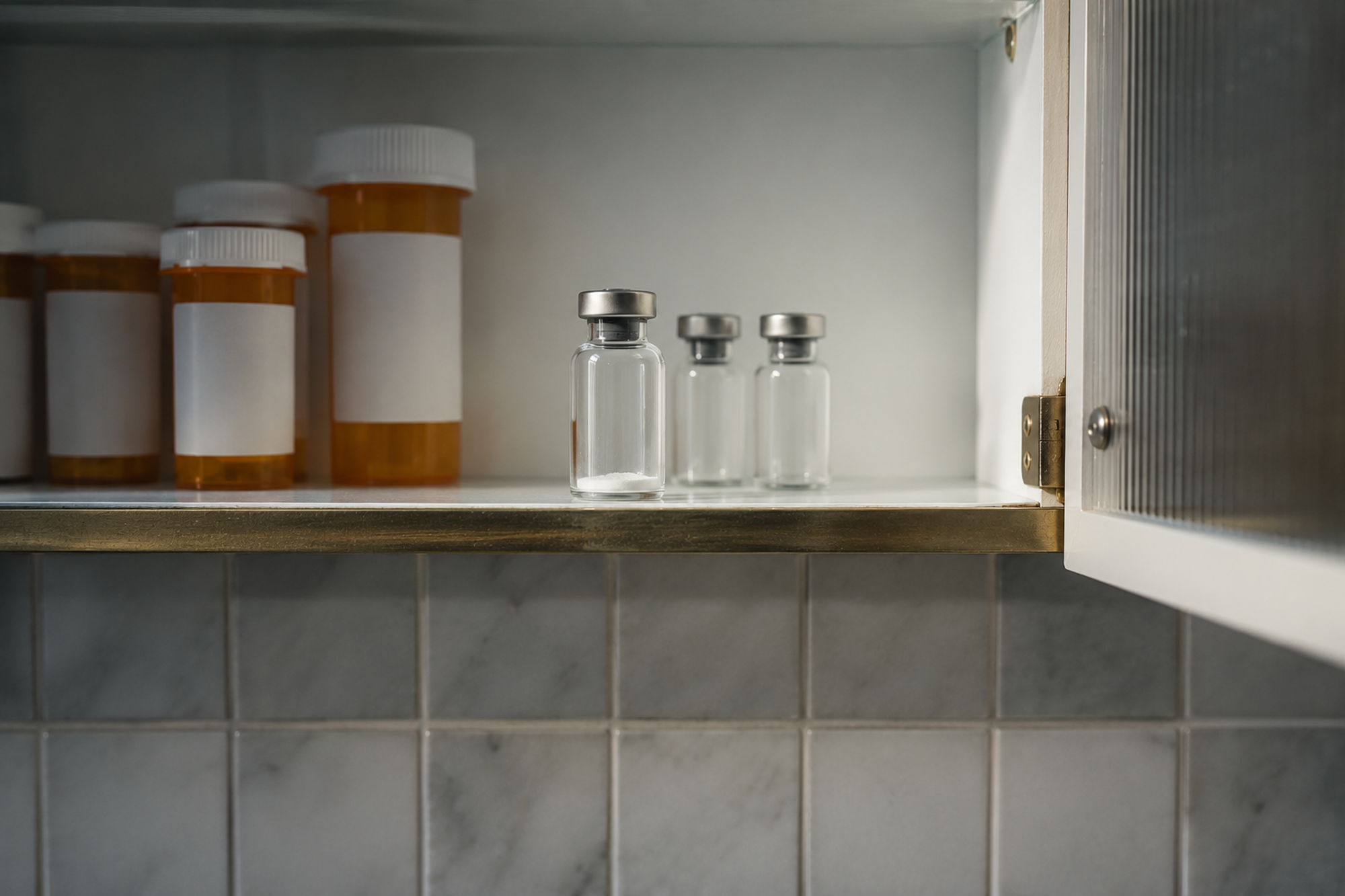 A medicine cabinet holding labelled prescription bottles beside three small unlabelled glass vials