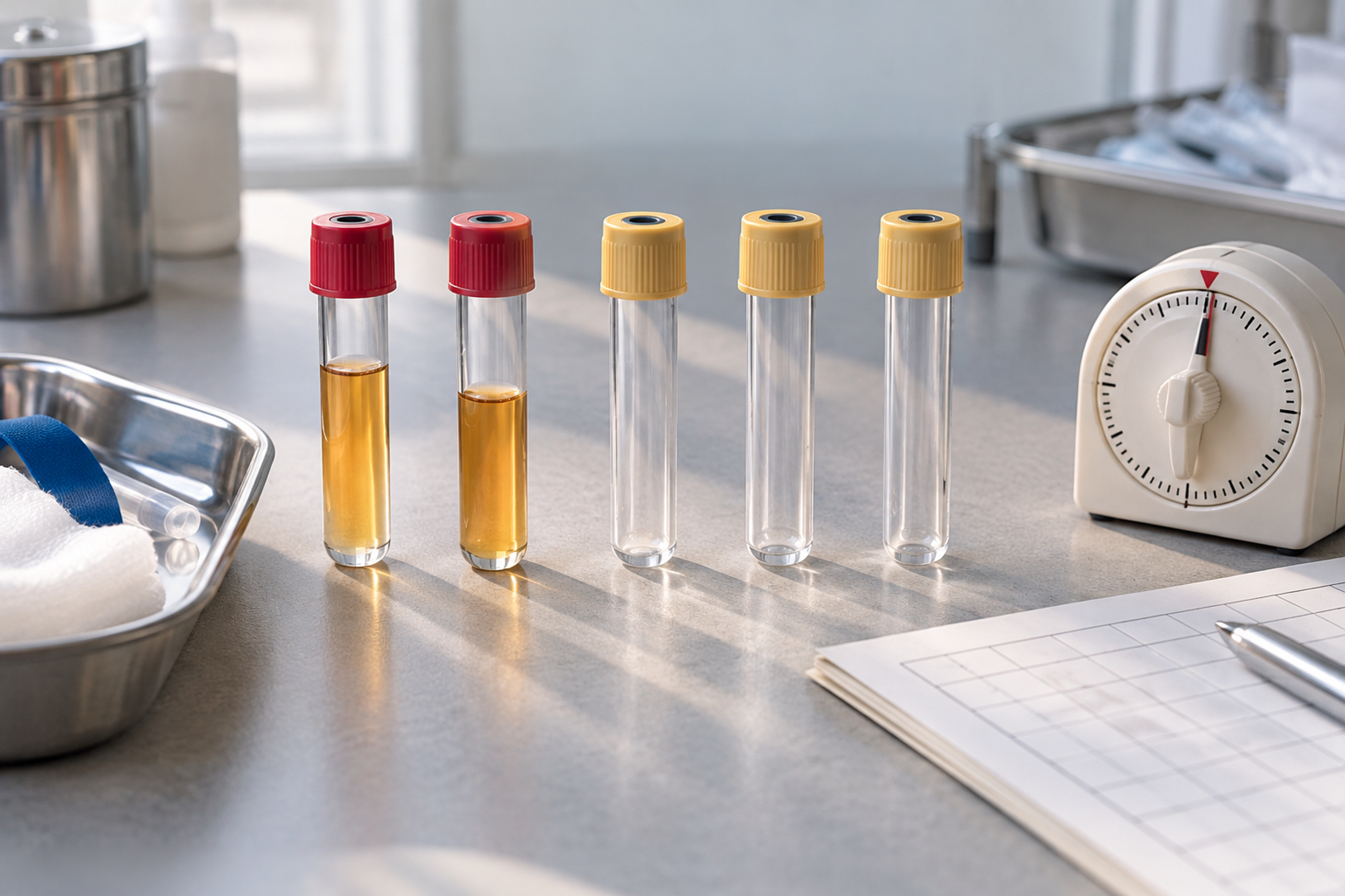 Five blood collection tubes in a row beside a timer, the first two filled and the rest waiting, set up for a timed stimulation test