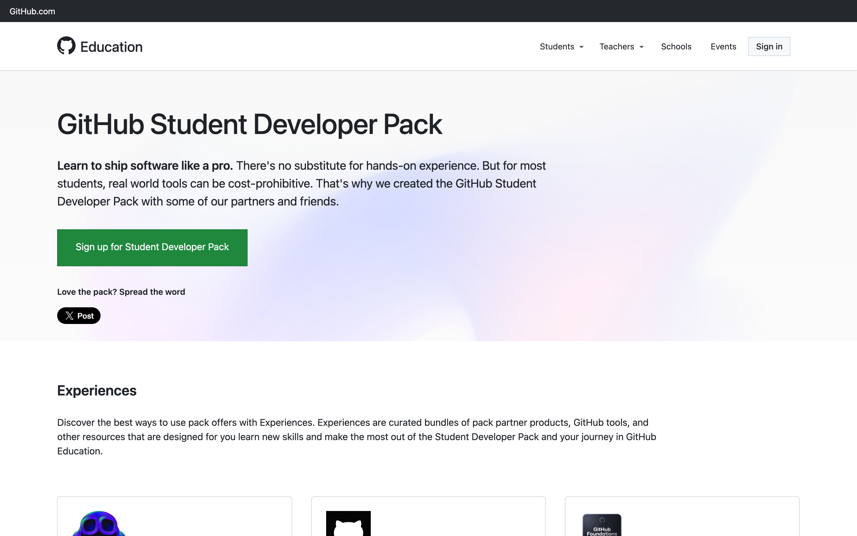 Página GitHub Student Developer Pack, con el botón Sign up for Student Developer Pack