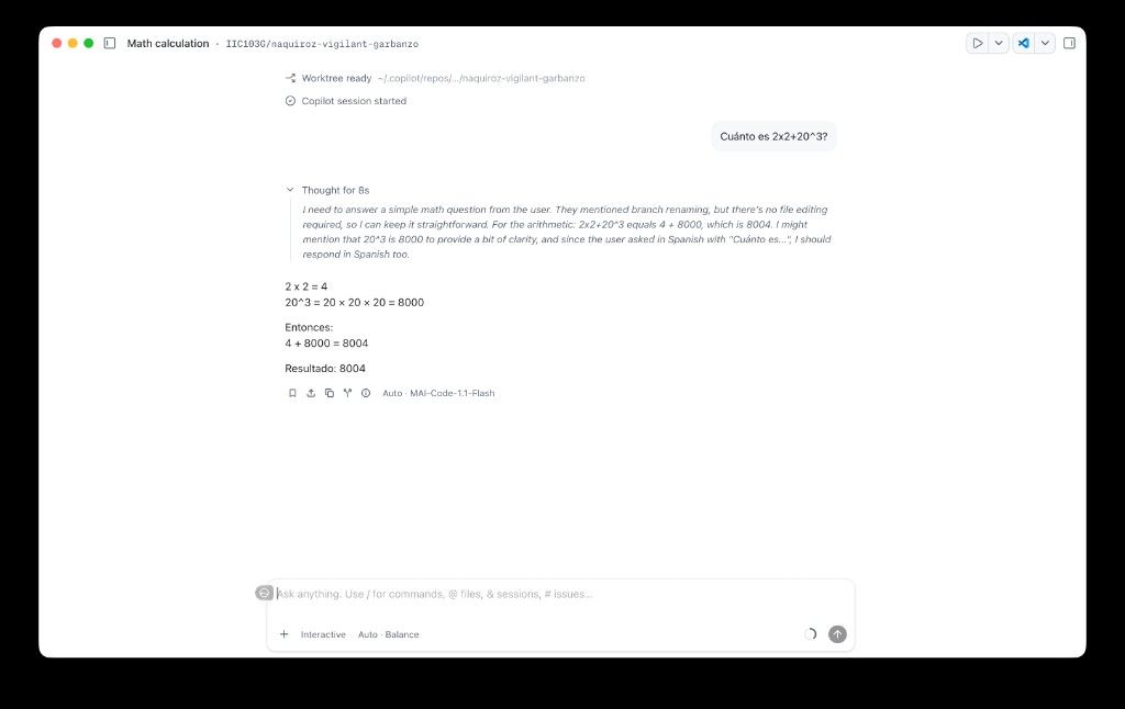Captura de GitHub Copilot con una consulta de 2x2+20^3, una sección de pensamiento y el resultado 8004.