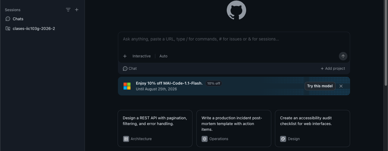 GitHub Copilot app en Home: Sessions, el recuadro de prompt, Interactive, Auto y el botón Add project