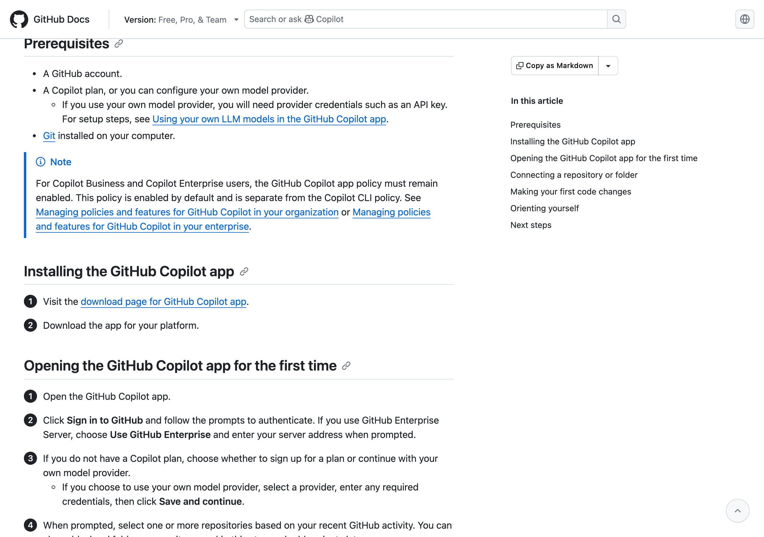 Documentación oficial: abrir la app, Sign in to GitHub, elegir un plan o un proveedor, y seleccionar repositorios