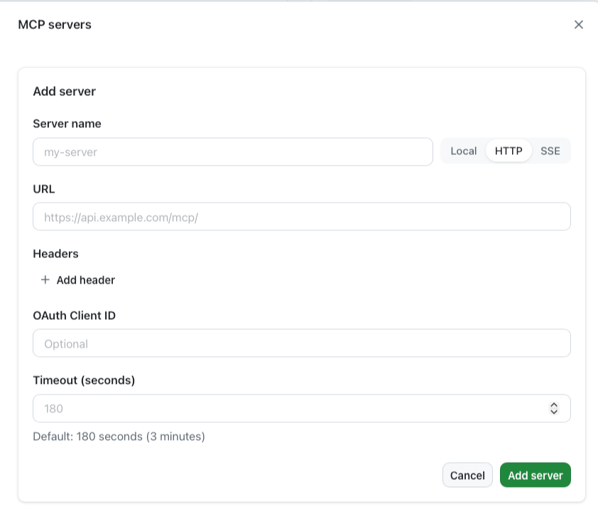Formulario de GitHub Copilot para agregar un MCP por HTTP
