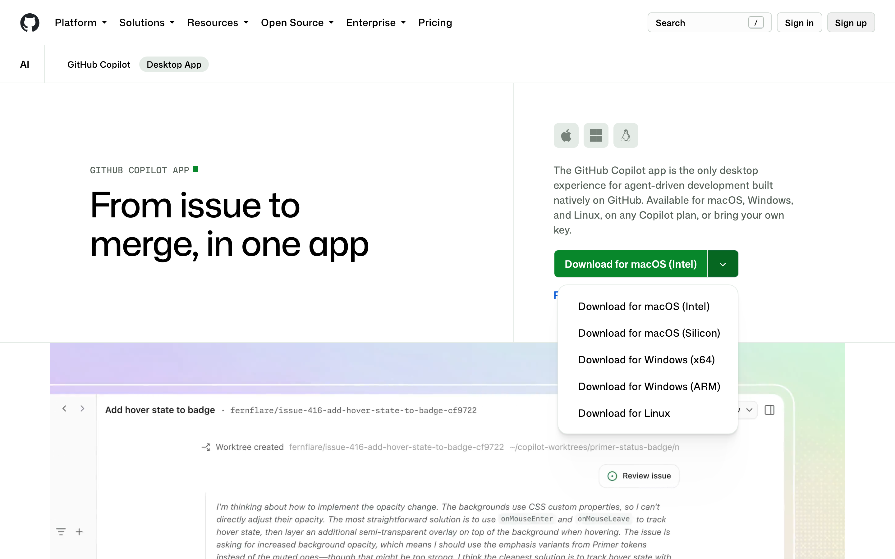 Página de descarga de GitHub Copilot app, con el menú abierto: macOS Intel, macOS Silicon, Windows x64, Windows ARM y Linux