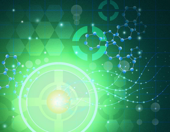 Abstrakt bakgrunn med molekyler og sirkler i grønt, ment å illustrere teknologikonsept.