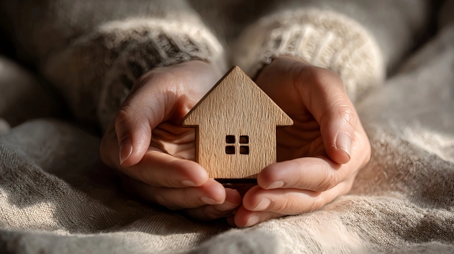 Hender som holder et lite hus. Foto: Adobe Stock.