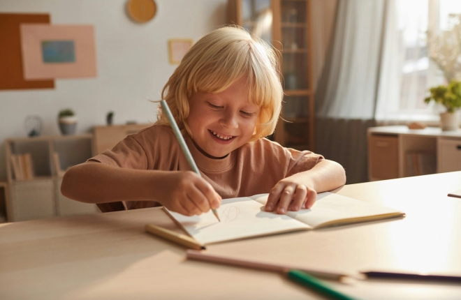 Barn sitter ved et bord og tegner i en bok.