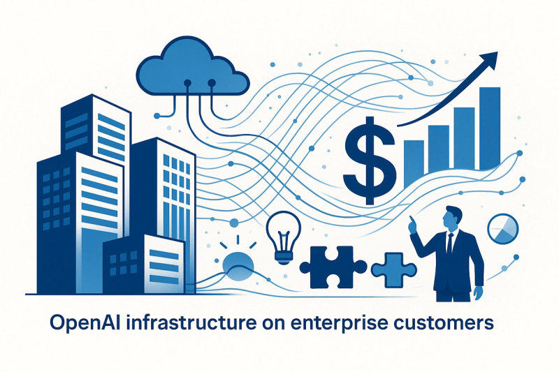 Modern business illustration showing OpenAI's massive infrastructure investments creating ripple effects across enterprise customers, with data centers, cloud computing networks, and financial impact symbols in a professional corporate style