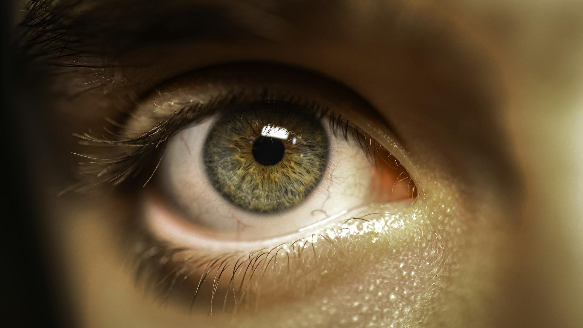 Gros plan sur un œil à l'iris marron-vert : l'hémorragie sous-conjonctivale se produit sur le blanc de l'œil, sous la membrane transparente qui le recouvre.