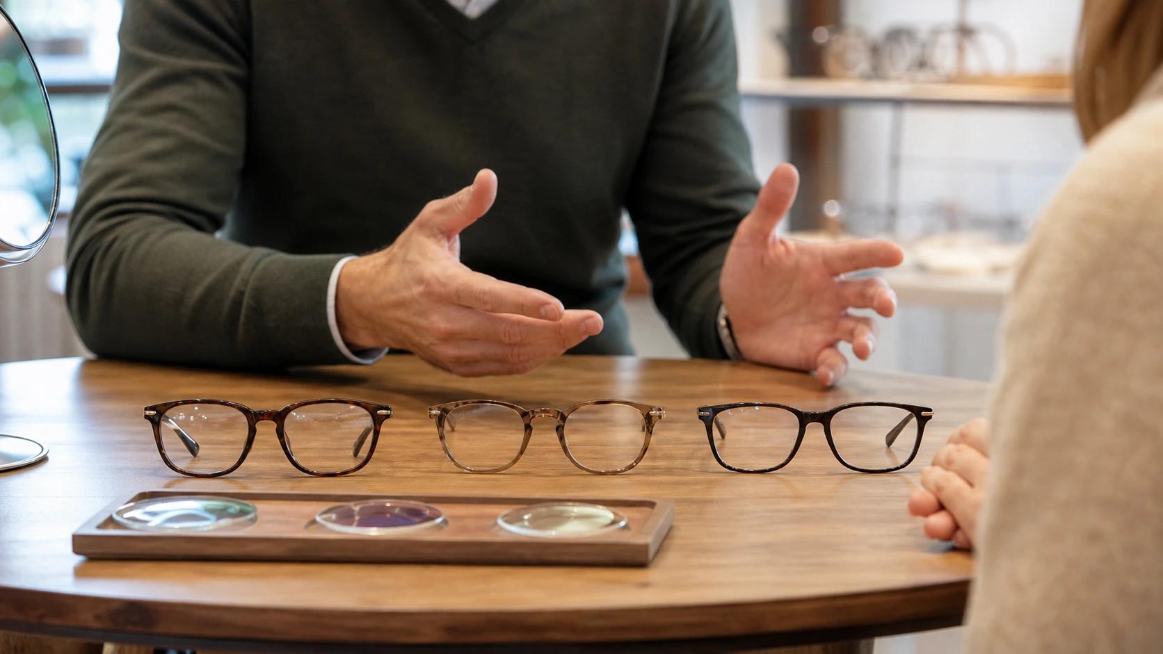 Un opticien présente plusieurs paires de lunettes pour comparer verres progressifs et équipements séparés.