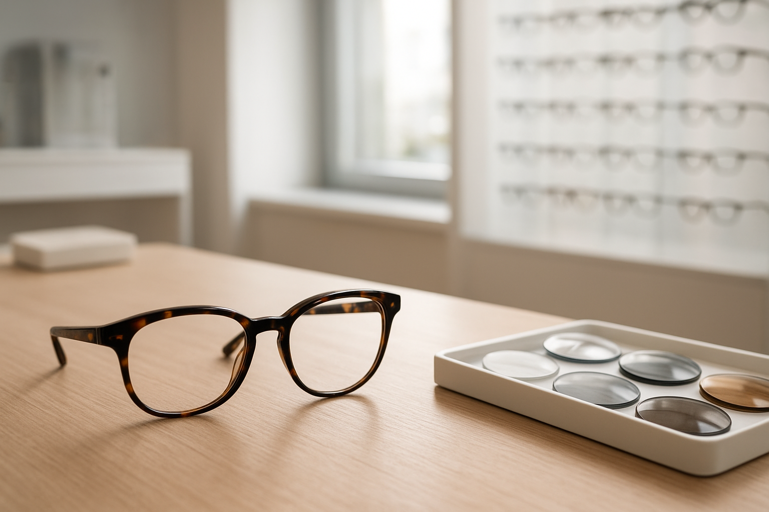 Lunettes de vue posées sur une table chez un opticien indépendant