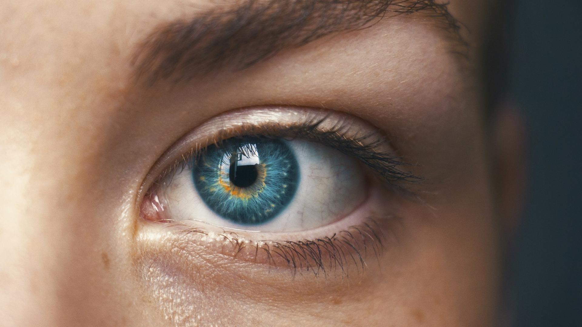 Œil bleu en gros plan, en lien avec l'adaptation de lentilles de contact
