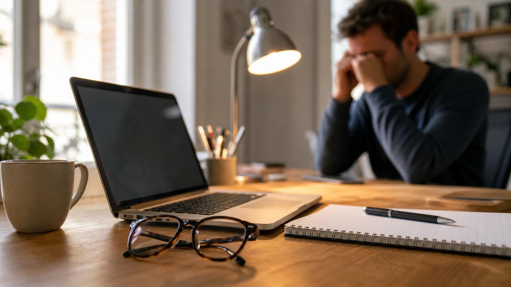 Une paire de lunettes posée près d’un ordinateur pour illustrer la fatigue visuelle liée aux écrans.