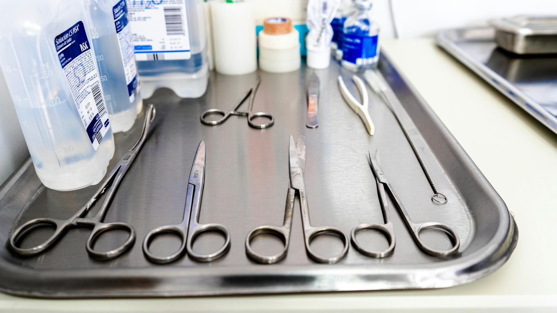 Plateau métallique contenant ciseaux et instruments de précision, illustrant le petit outillage d'un atelier d'optique.