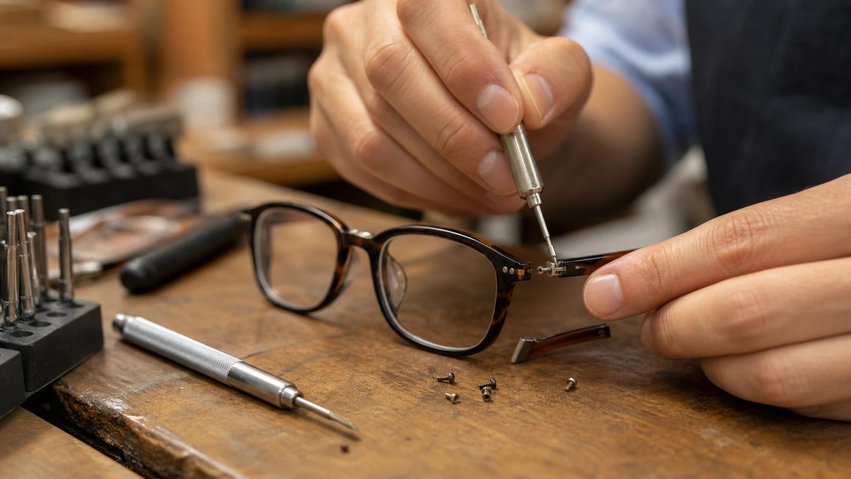 Un opticien répare une paire de lunettes cassée sur un établi avec des outils de précision.