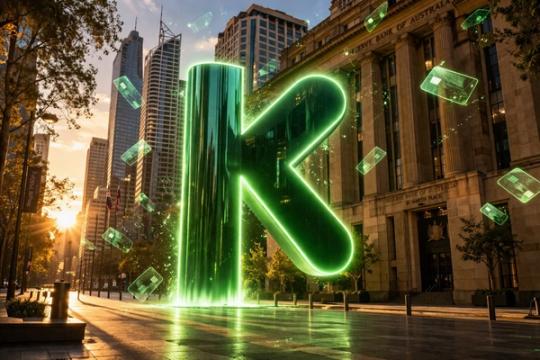 Kobble logo in a futuristic glow in Martin Place, Sydney