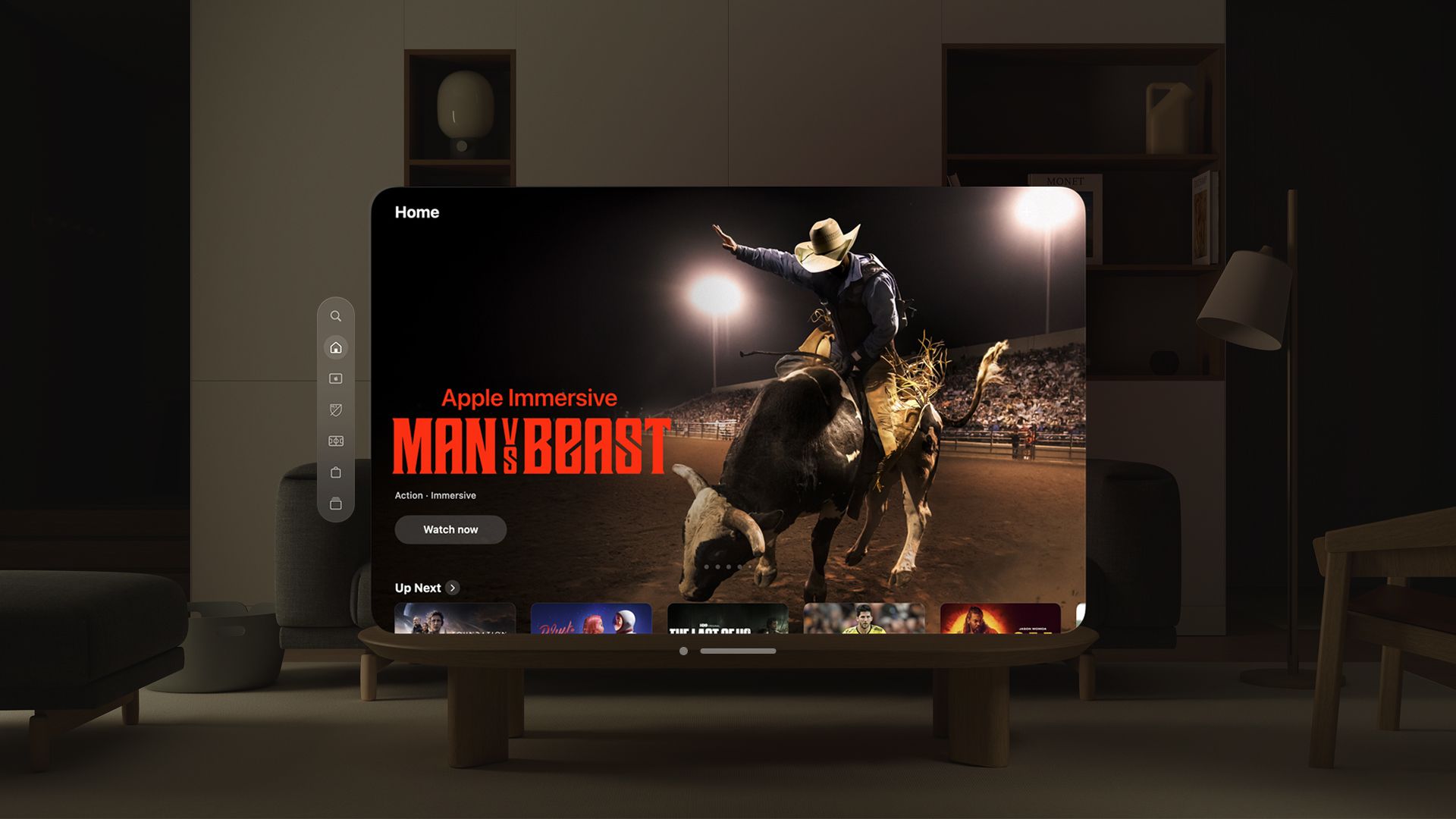 Apple TV app on Apple Vision Pro showing the Man vs Beast title card with a bull rider.