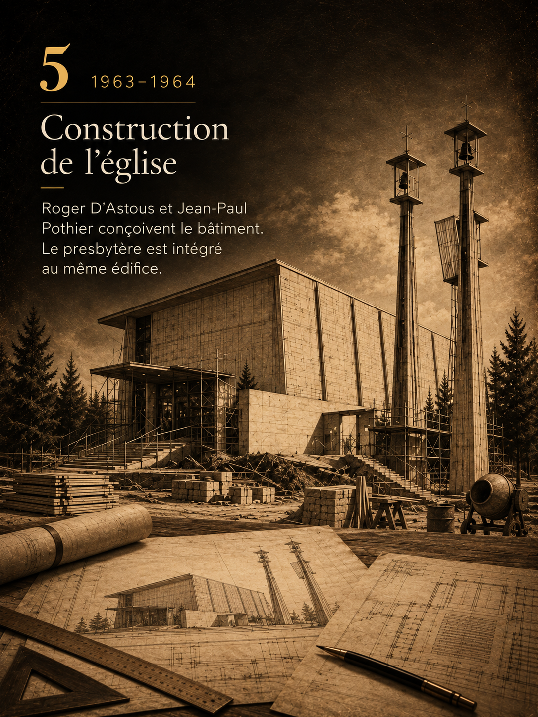 Illustration artistique de la construction de l’église Saint-René-Goupil en 1963-1964, avec plans architecturaux, dessins techniques et vue du bâtiment en chantier.