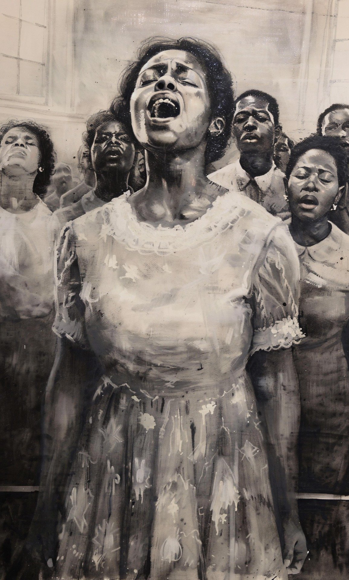 Illustration artistique monochrome d’une femme chantant entourée d’une communauté; personnes fictives