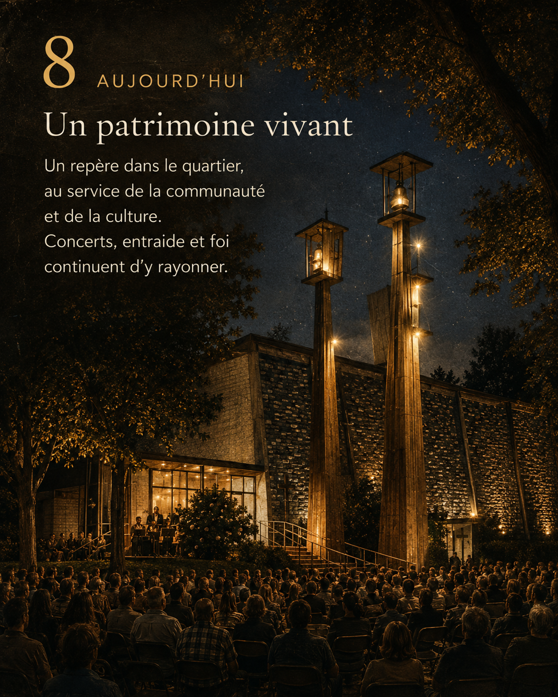 Illustration artistique d’un rassemblement communautaire devant l’église éclairée en soirée.