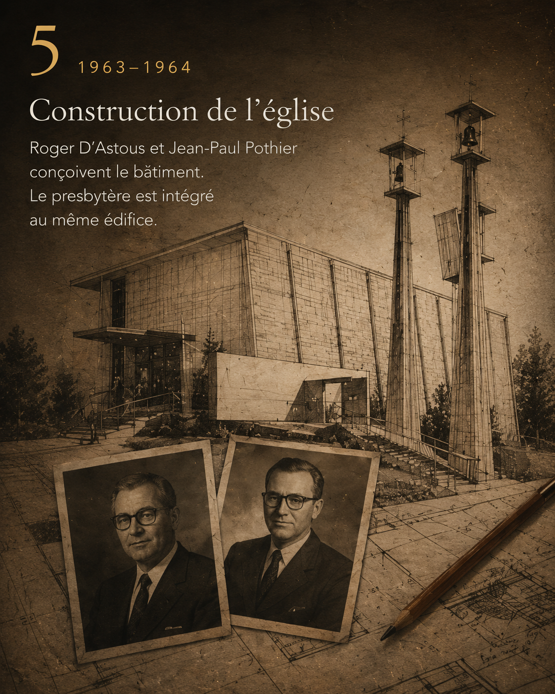 Illustration artistique de l’église en construction accompagnée de portraits non documentaires des architectes.