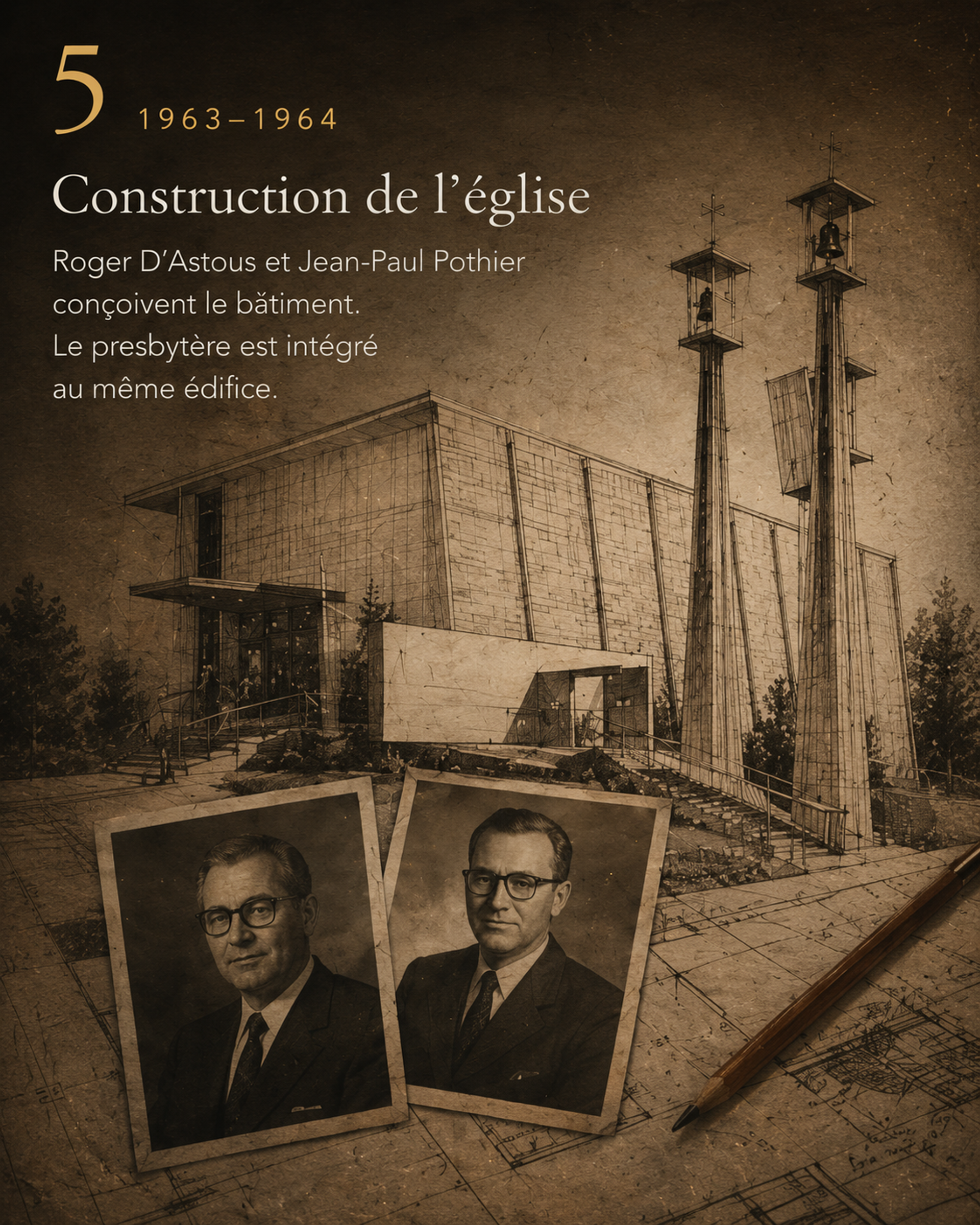 Illustration artistique de l’église en construction accompagnée de portraits non documentaires des architectes.