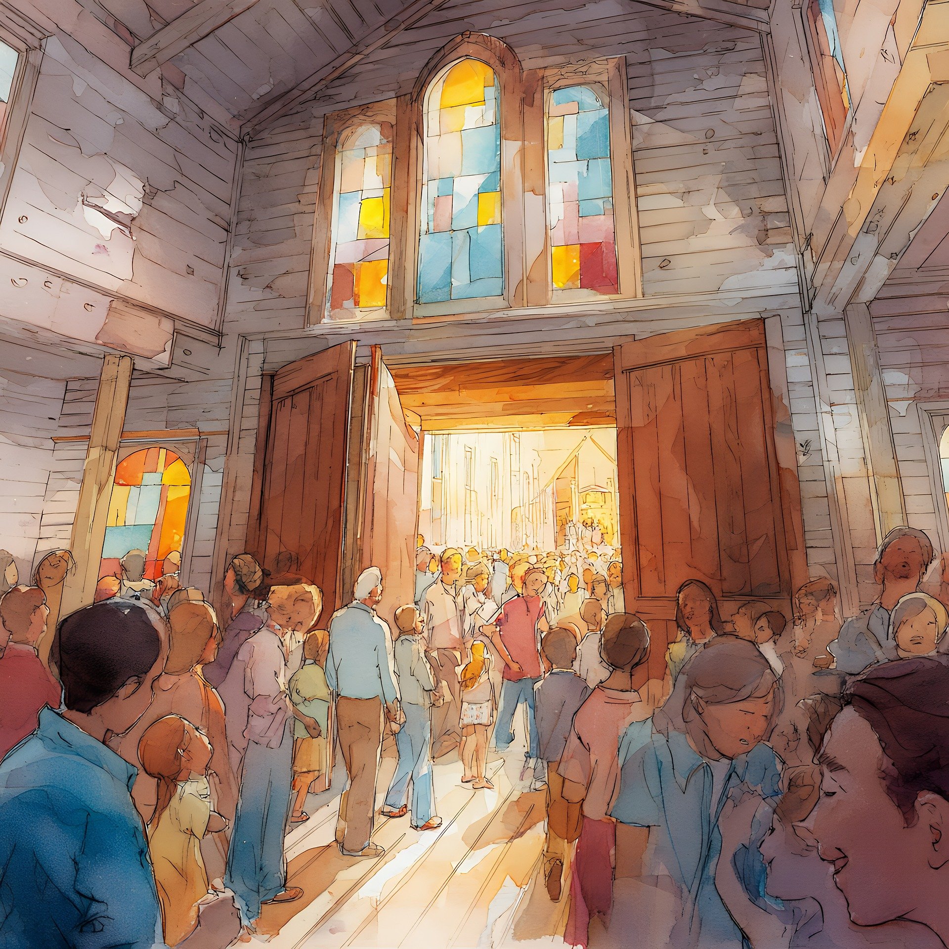 Illustration artistique de personnes rassemblées à l’entrée d’une église; scène non documentaire