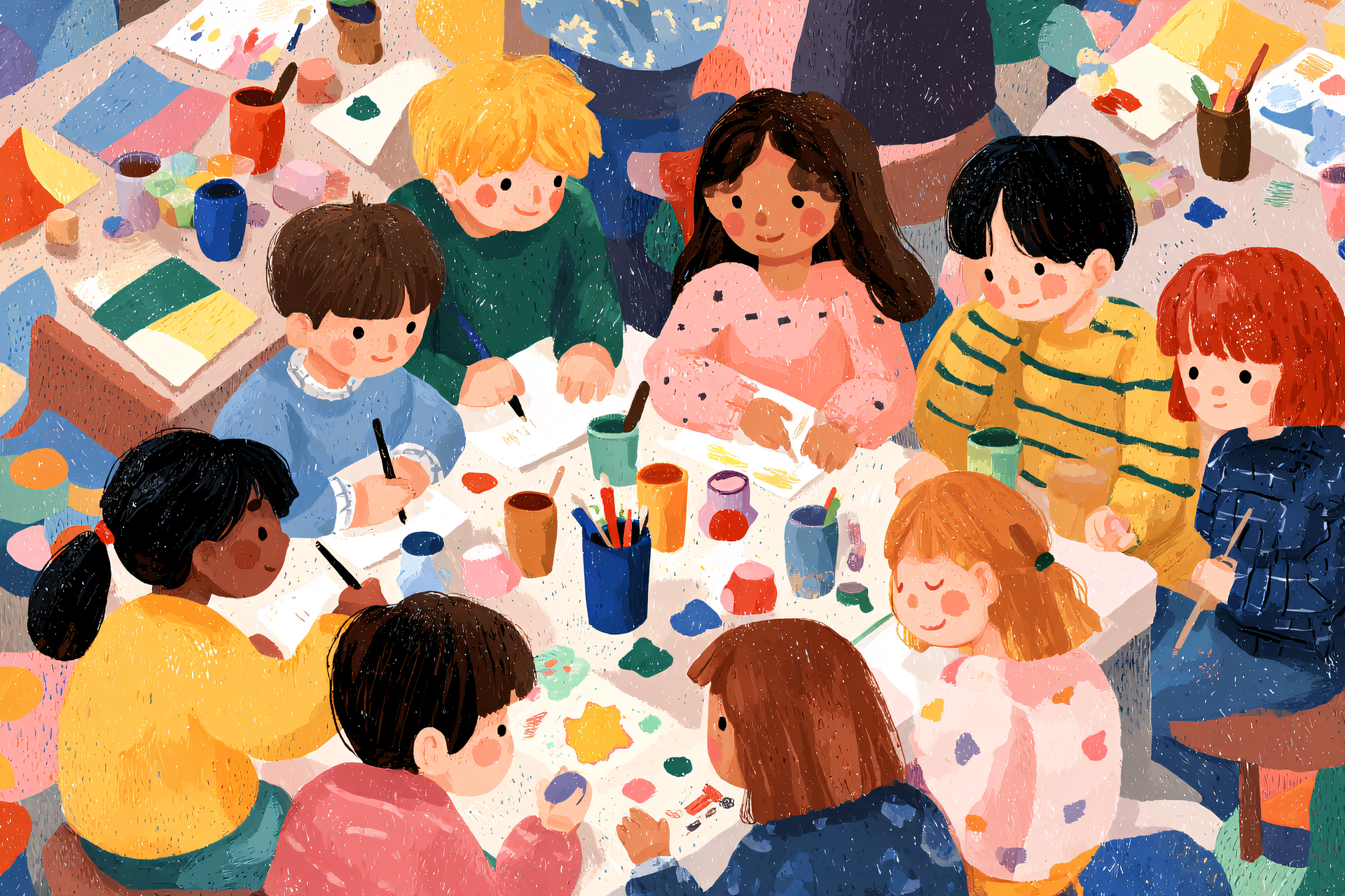 Illustration artistique d’enfants participant à un atelier créatif; personnages fictifs
