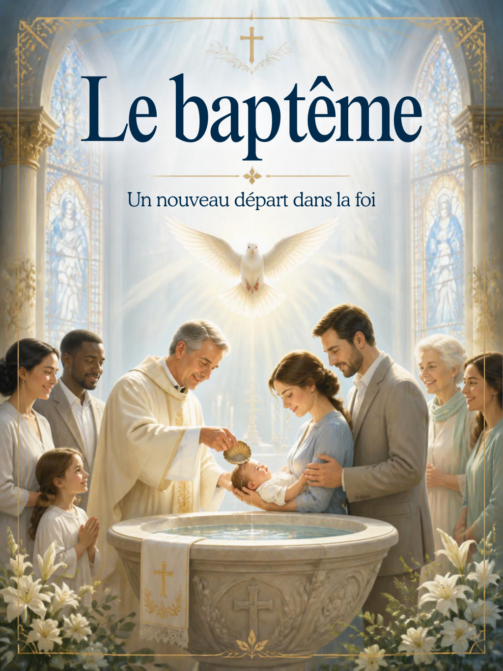 Un prêtre qui verse l'eau bénite sur le front d'un bébé pendant que les membres de sa famille sourient autour de lui. Il y a une colombe au-dessus de lui.