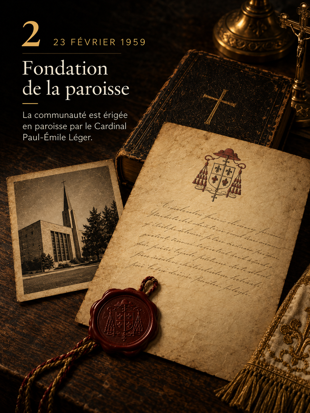 Illustration artistique d’un décret d’érection canonique de la paroisse Saint-René-Goupil, daté du 23 février 1959, présenté avec des documents d’archives et un sceau ecclésiastique.