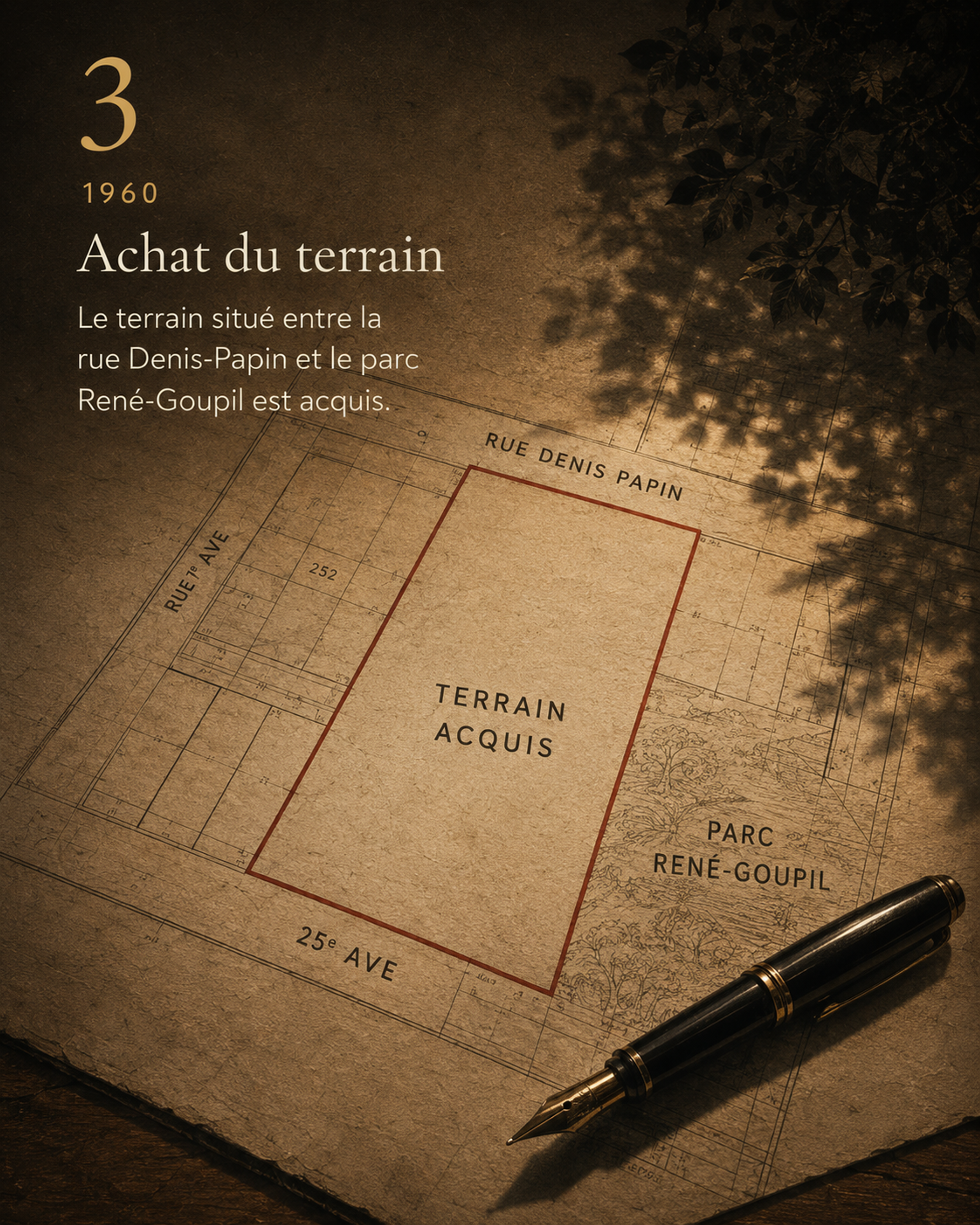 Illustration artistique d’un terrain et d’un plan stylisé indiquant l’emplacement prévu pour l’église.