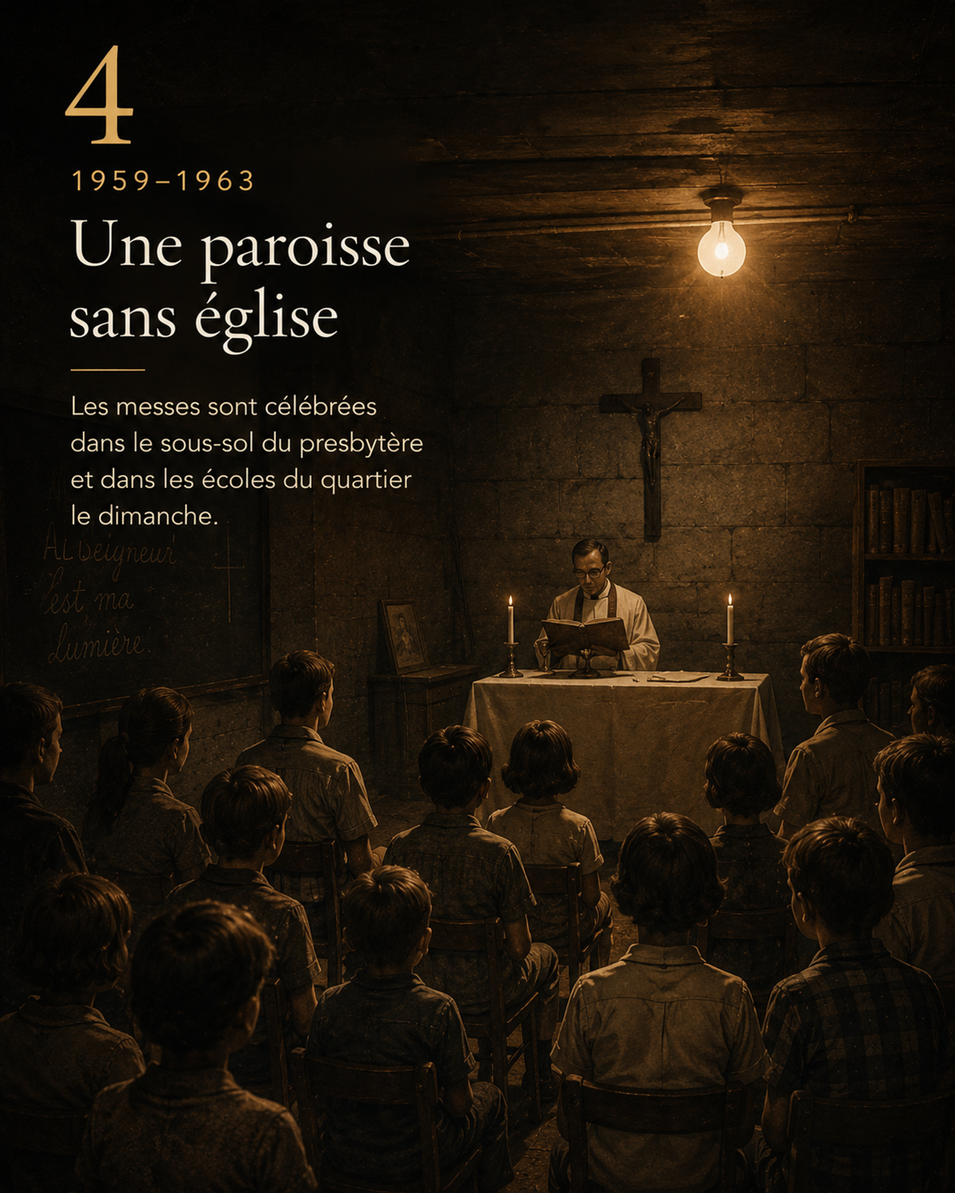 Illustration artistique de célébrations paroissiales temporaires dans une maison et une école du quartier.