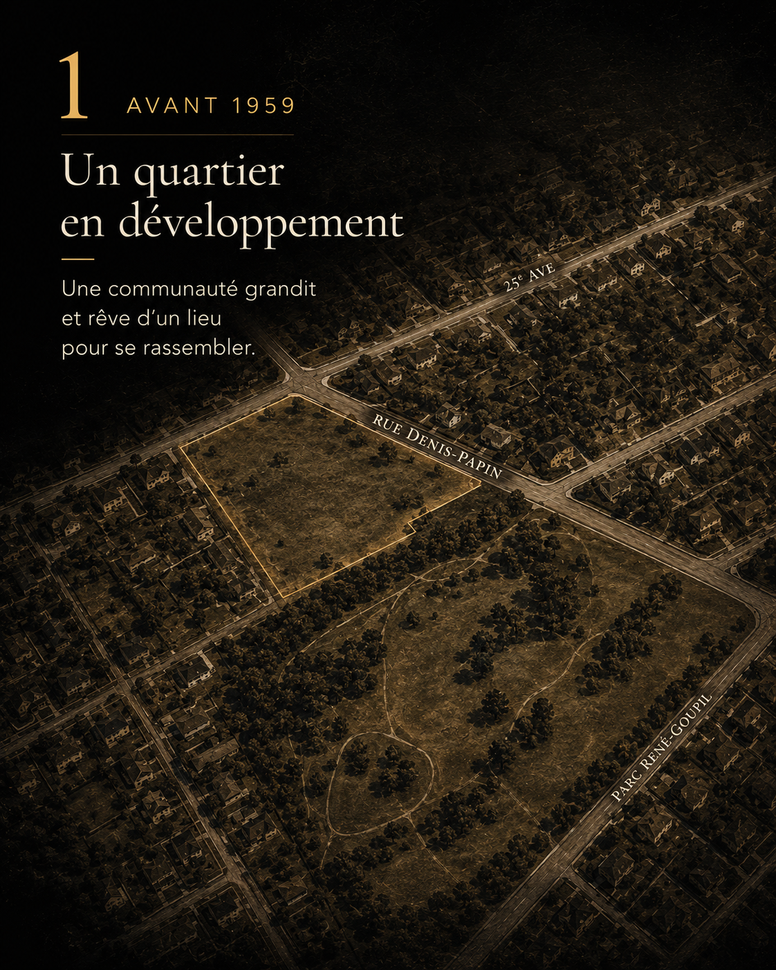 Illustration artistique d’une vue aérienne du quartier avant la construction de l’église.
