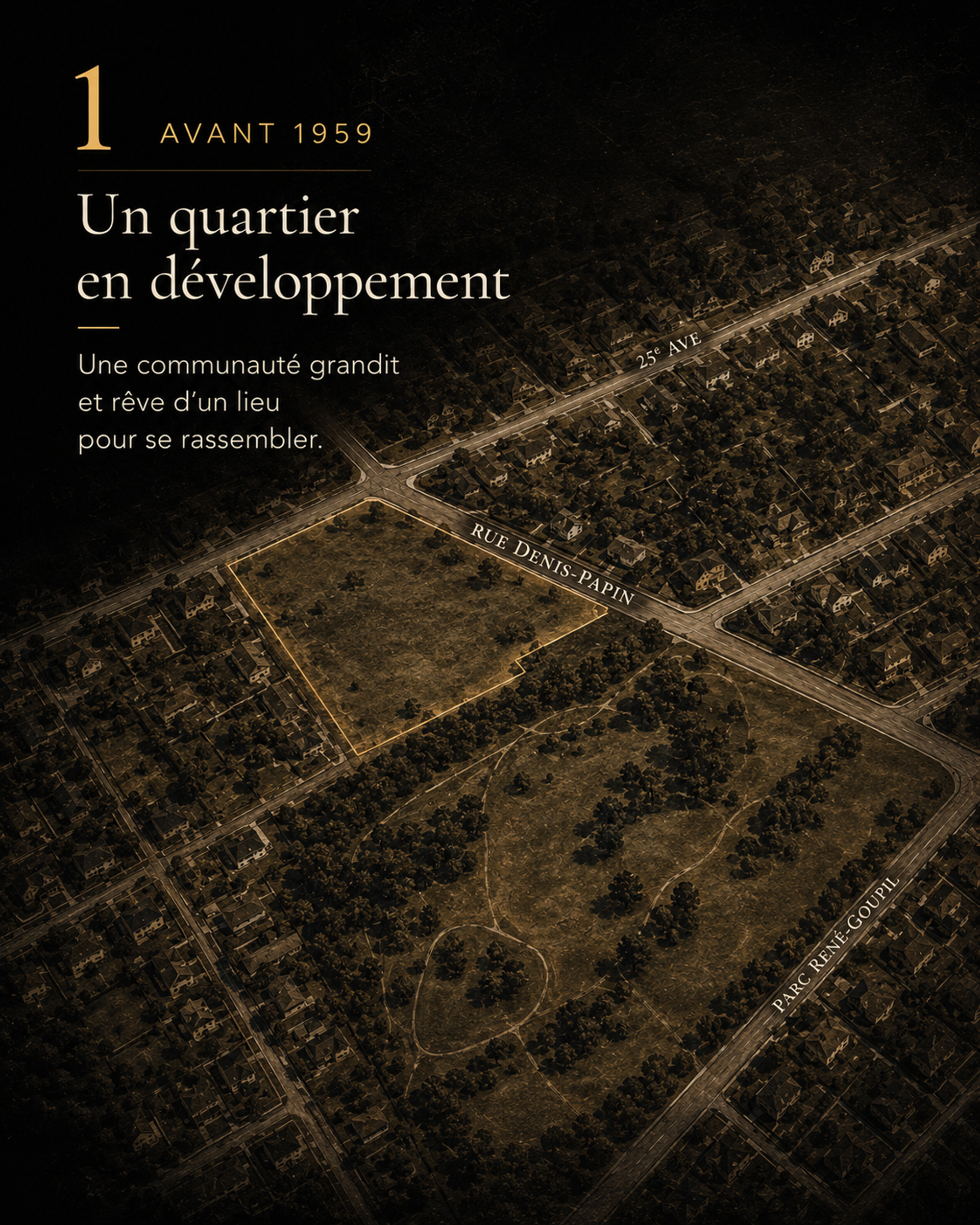 Illustration artistique d’une vue aérienne du quartier avant la construction de l’église.