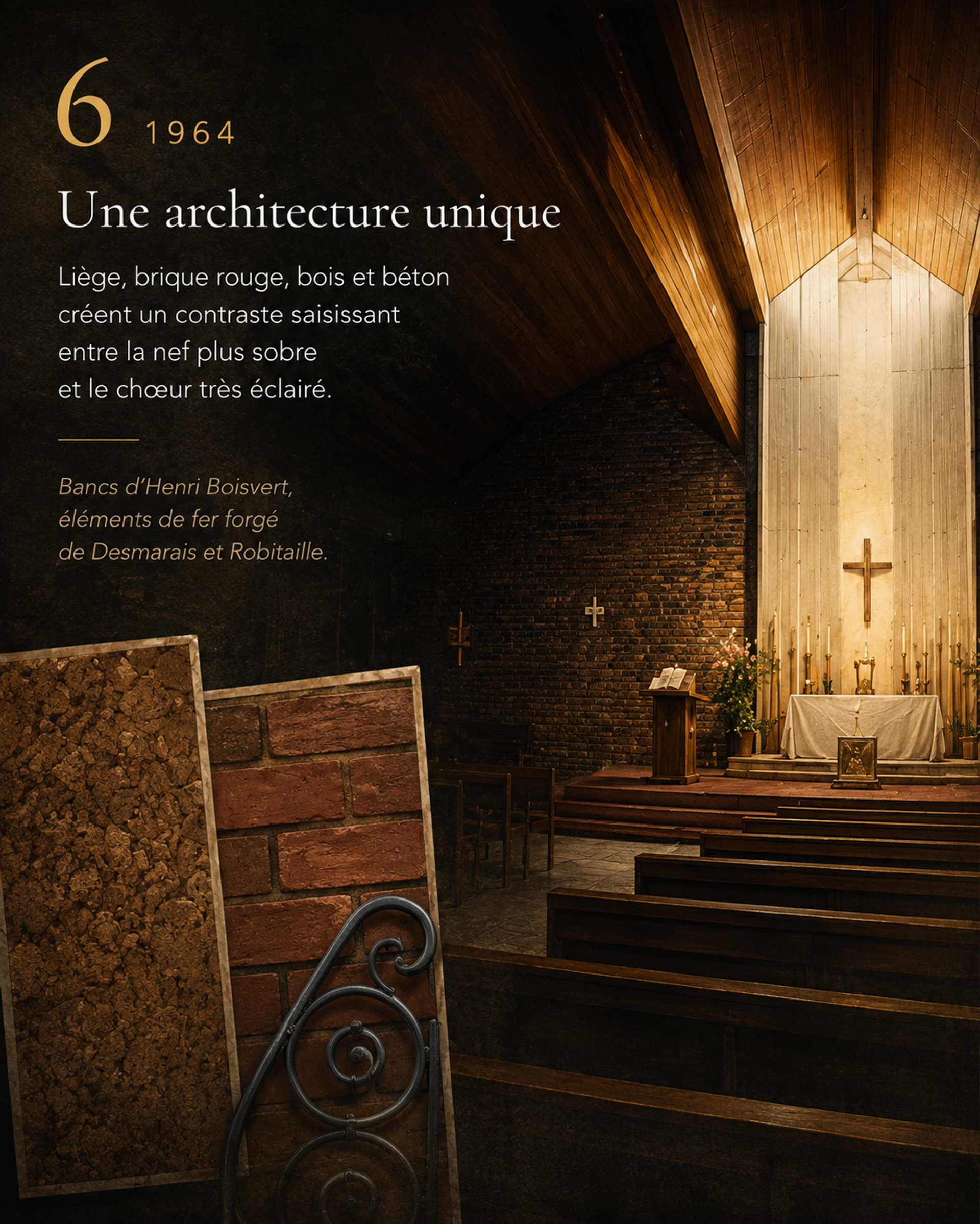 Illustration artistique de la nef sombre, du chœur lumineux et des matériaux caractéristiques de l’église.