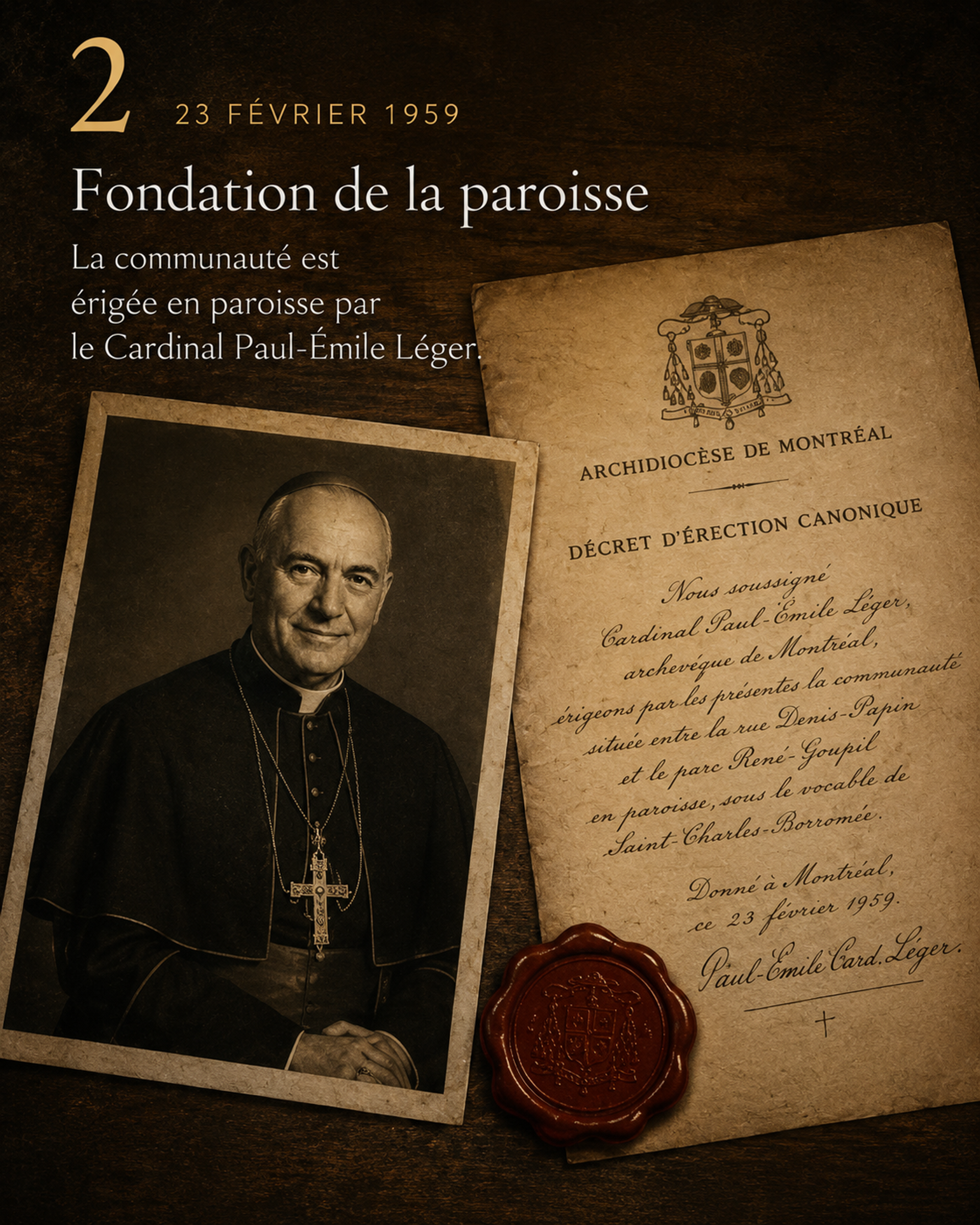 Illustration artistique représentant un document d’érection paroissiale et un portrait non documentaire du cardinal Paul-Émile Léger.
