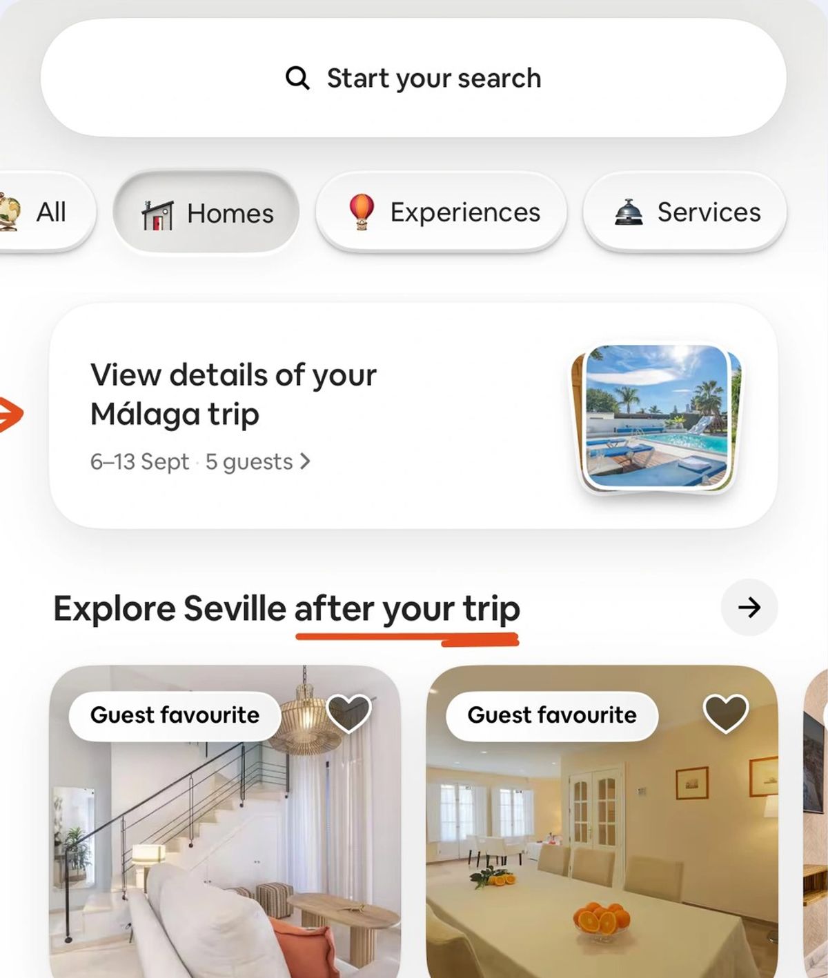 Airbnb home showing a card for an upcoming Málaga trip, followed by Explore Seville after your trip with guest favourite stays
