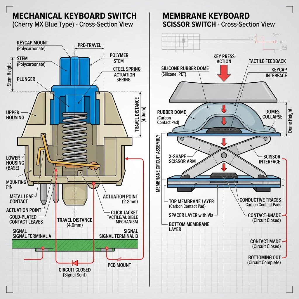 Technical engineering diagram comparing the internal cross-section architecture of a mechanical switch against a scissor-switch membrane keyboard
