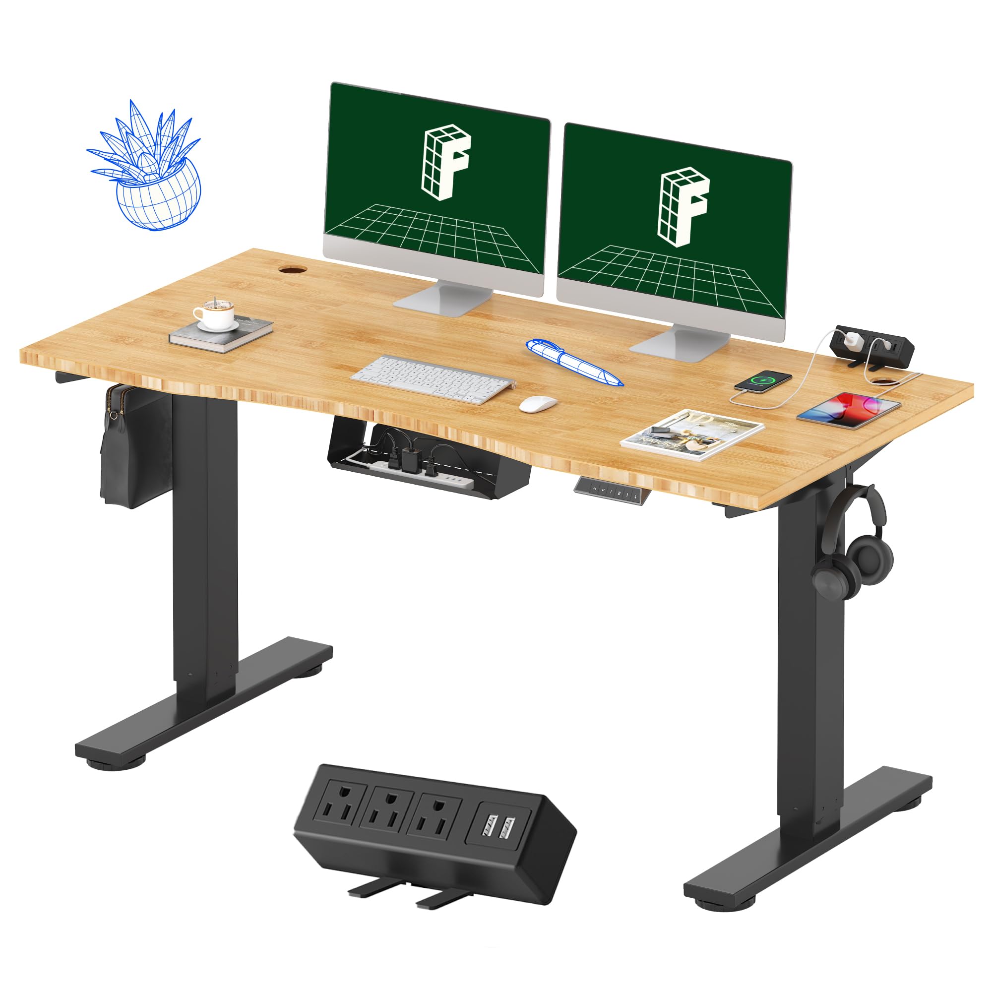 FLEXISPOT EN2 55"x28" Bamboo Electric Standing Desk with Power Strip Bundle - View 1