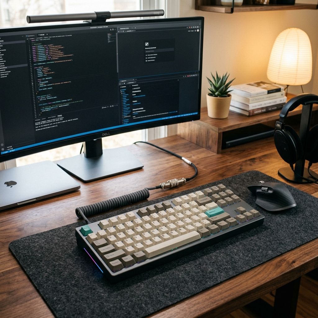 Enthusiast custom mechanical keyboard on a modern workspace featuring a heavy aluminum case, coiled cable, and premium PBT keycaps