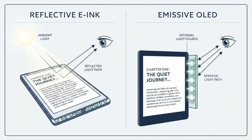 Reflective E-Ink vs. Emissive OLED Light Physics Diagram