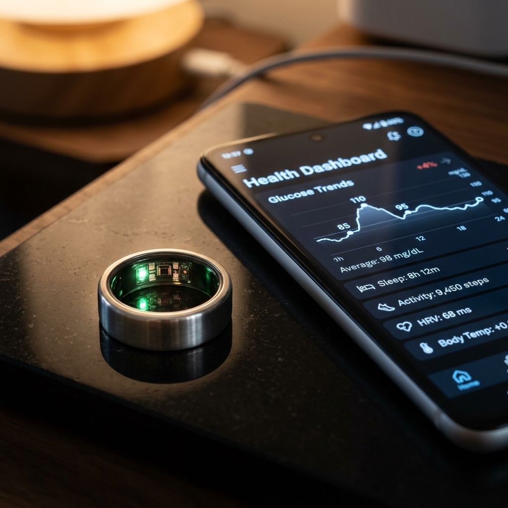 Screenless health wearable application interface displaying deep sleep stages, REM duration, heart rate variability HRV trends, and recovery readiness scores