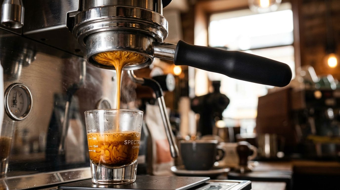 Close-up of espresso extracting through a bottomless portafilter with rich crema and tiger striping