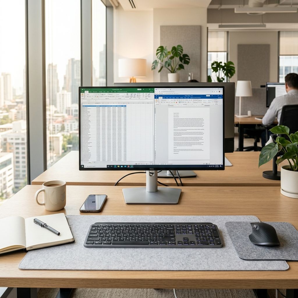 Clean modern corporate office workstation featuring a low-profile scissor-switch membrane keyboard for silent, distraction-free productivity