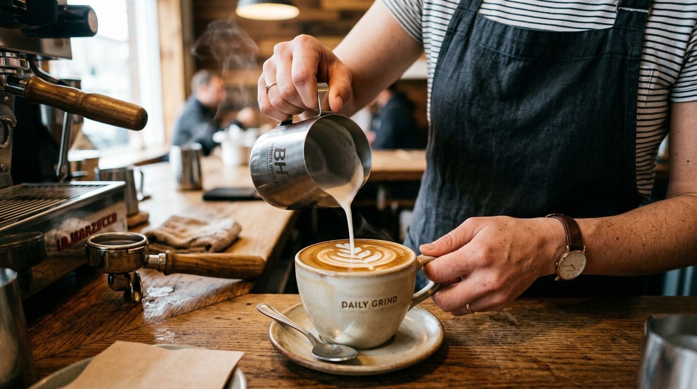 Barista pouring silky microfoam into a warm ceramic latte cup creating latte art