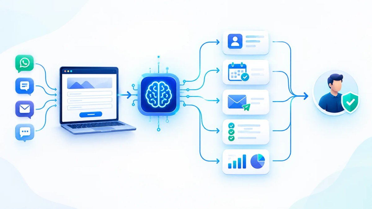 AI workflow automation diagram connecting business inquiries, artificial intelligence, scheduling, email, tasks, analytics, and human approval.